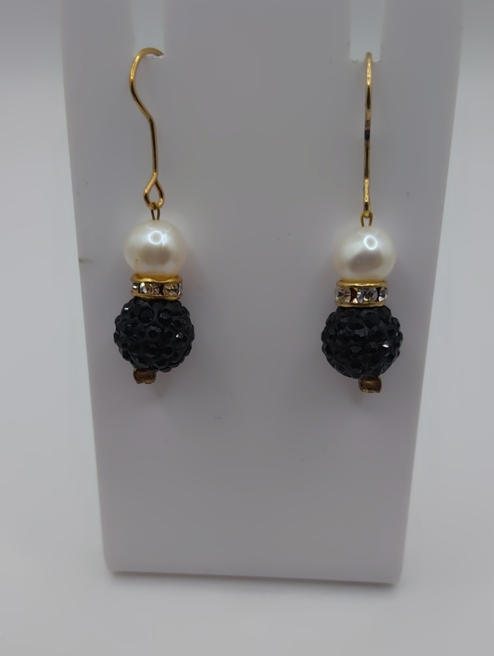 White Freshwater Pearl, Rondel, and Black Rhinestone Studded Dangle Earrings